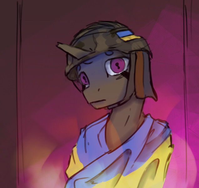 somber pony draped in Ukraine flag