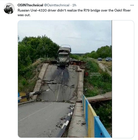 Russian Ural-4320 driver didn't realize the R79 bridge over the Oskil River was out