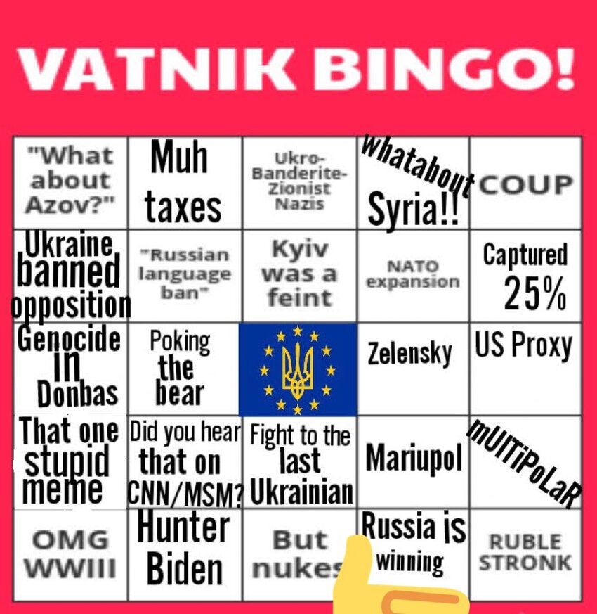 bingo card with a bunch of pro-Russia talking points bingo card with a bunch of pro-Russia talking points