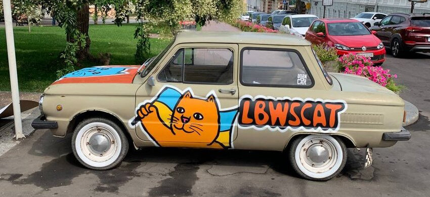 an older car with a painting of LBWScat holding a Ukraine flag an older car with a painting of LBWScat holding a Ukraine flag