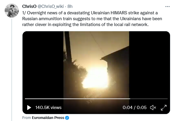 overnight news of a devestating Ukrainian HIMARS strick against a Russian ammunition train overnight news of a devestating Ukrainian HIMARS strick against a Russian ammunition train
