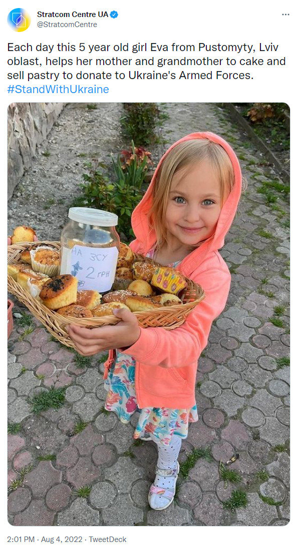 each day 5-year-old Eva from Pustomyty, Lviv, helps her mother and grandmother sell cake and pastry to donate to Ukraine's Armed Forces each day 5-year-old Eva from Pustomyty, Lviv, helps her mother and grandmother sell cake and pastry to donate to Ukraine's Armed Forces