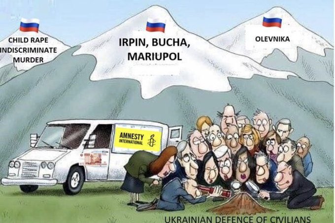 Amnesty International has many people looking at a molehill 'Ukrainian defence of civilians' while ignoring mountains 'child rape, murder', 'Irpin, Bucha, Mariupol', and 'Olevnika' Amnesty International has many people looking at a molehill 'Ukrainian defence of civilians' while ignoring mountains 'child rape, murder', 'Irpin, Bucha, Mariupol', and 'Olevnika'