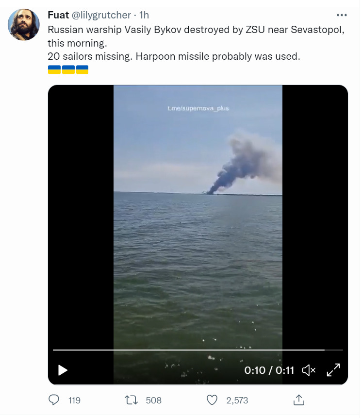 Russian warship Vasily Bykov destroyed by ZSU near Sevastopol this morning. 20 sailors missing. Harpoon missile probably was used. Russian warship Vasily Bykov destroyed by ZSU near Sevastopol this morning. 20 sailors missing. Harpoon missile probably was used.