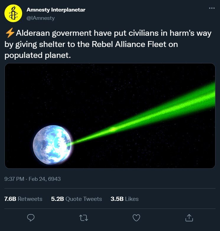 Alderaan government have put civilians in harm's way by giving shelter to the Rebel Alliance Fleet on populated planet Alderaan government have put civilians in harm's way by giving shelter to the Rebel Alliance Fleet on populated planet