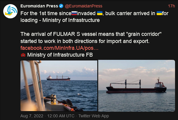 for the first time since Russia invaded Ukraine, a bulk carrier arrived in Ukraine for loading. The arrival of the Fulmar S means that the 'grain corridor' started to work both directions for import and export. for the first time since Russia invaded Ukraine, a bulk carrier arrived in Ukraine for loading. The arrival of the Fulmar S means that the 'grain corridor' started to work both directions for import and export.