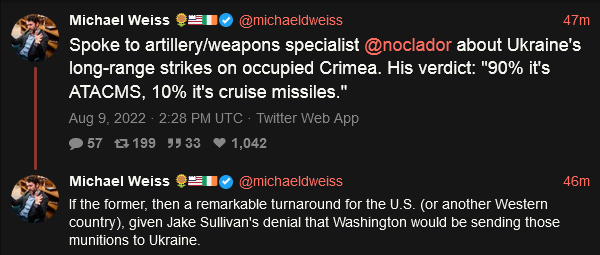 Spoke to artillery/weapons specialist @noclador about Ukraine's long-range strikes on occupied Crimea. His verdict: '90% it's ATACMS, 10% it's cruise missiles.' Spoke to artillery/weapons specialist @noclador about Ukraine's long-range strikes on occupied Crimea. His verdict: '90% it's ATACMS, 10% it's cruise missiles.'