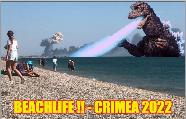 Godzilla attacks Crimea beach, caption 'Beachlife!! Crimea 2022' Godzilla attacks Crimea beach, caption 'Beachlife!! Crimea 2022'