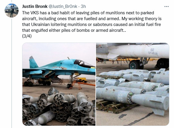 the VKS has a bad habit of leaving piles of munitions next to parked aircraft, including ones that are fueled and armed. the VKS has a bad habit of leaving piles of munitions next to parked aircraft, including ones that are fueled and armed.