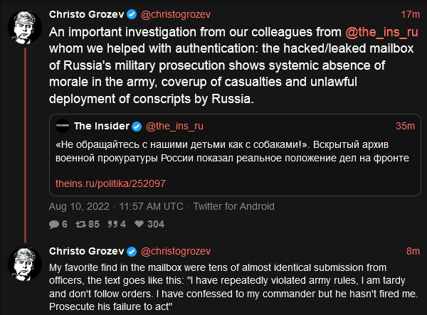 the hacked/leaked mailbox of Russia's military prosecution shows systemic absence of morale in the army, coverup of casualties and unlawful deployment of conscripts by Russia. Tens of almost identical submissions from officers, 'I have repeatedly violated army rules, I am tardy and don't follow orders. I have confessed to my commander but he hasn't fired me. Prosecute his failure to act.' the hacked/leaked mailbox of Russia's military prosecution shows systemic absence of morale in the army, coverup of casualties and unlawful deployment of conscripts by Russia. Tens of almost identical submissions from officers, 'I have repeatedly violated army rules, I am tardy and don't follow orders. I have confessed to my commander but he hasn't fired me. Prosecute his failure to act.'
