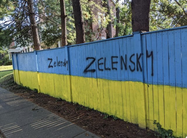 Ukraine flag fence was vandalized with Z markings, then someone turned the Zs into Zelensky Ukraine flag fence was vandalized with Z markings, then someone turned the Zs into Zelensky