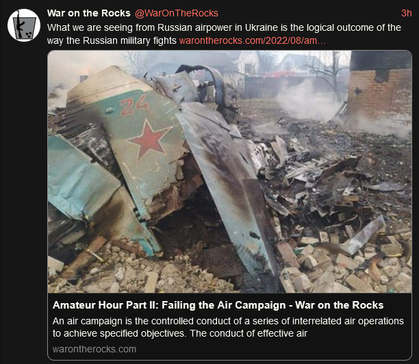Amateur Hour part 2: Failing the Air Campaign. What we are seeing is the logical outcome of the way the Russian military fights. Amateur Hour part 2: Failing the Air Campaign. What we are seeing is the logical outcome of the way the Russian military fights.