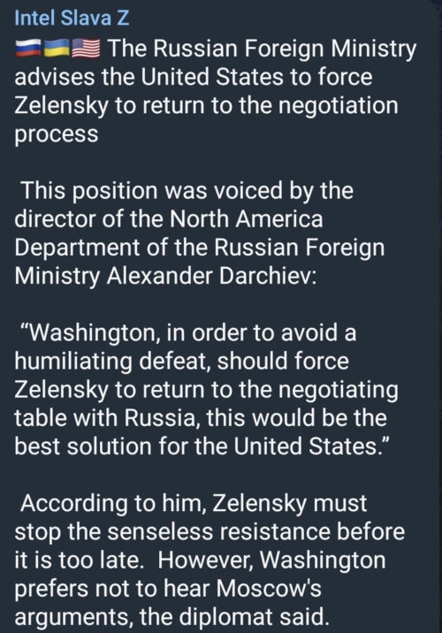 Russian Foreign Ministry advises the USA to force Zelensky to return to the negotiation process.  Washington, in order to avoid a humiliating defeat, should force Zelensky to return to the negotiaing table with Russia, this would be the best solution for the USA. Washington prefers not to hear Moscow's arguments. Russian Foreign Ministry advises the USA to force Zelensky to return to the negotiation process.  Washington, in order to avoid a humiliating defeat, should force Zelensky to return to the negotiaing table with Russia, this would be the best solution for the USA. Washington prefers not to hear Moscow's arguments.