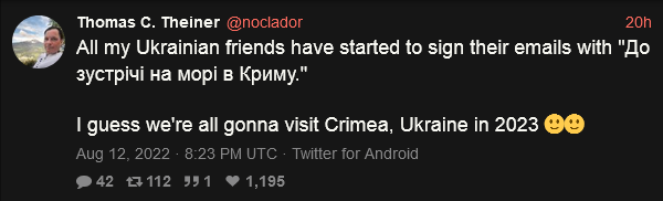 All my Ukrainian friends have started to sign their emails with 'see you at the beach in Crimea' All my Ukrainian friends have started to sign their emails with 'see you at the beach in Crimea'