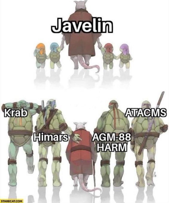 Splinter with young Turtles as Javelin. Splinter with teenage Turtles, they are Krab, HIMARS, AGM-88 HARM, and ATACMS. Splinter with young Turtles as Javelin. Splinter with teenage Turtles, they are Krab, HIMARS, AGM-88 HARM, and ATACMS.