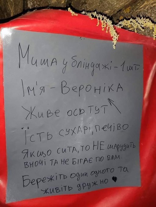 sign left by Ukrainian soldiers telling the next people there how to take care of the mouse Veronika sign left by Ukrainian soldiers telling the next people there how to take care of the mouse Veronika