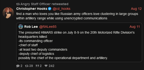 the presumed HIMARS strike on July 8-9 on the 20th Motorized Rifle Division's HQ killed at least 5 and probably 7 officers the presumed HIMARS strike on July 8-9 on the 20th Motorized Rifle Division's HQ killed at least 5 and probably 7 officers