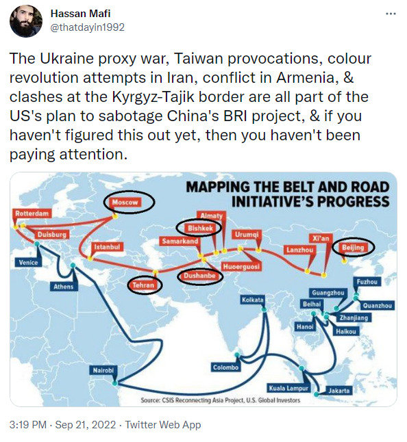 bizarre conspiracy theory about Ukraine war, Iran disturbances, Armenia, and Taiwan all being part of the US's plan to sabotage China's BRI project