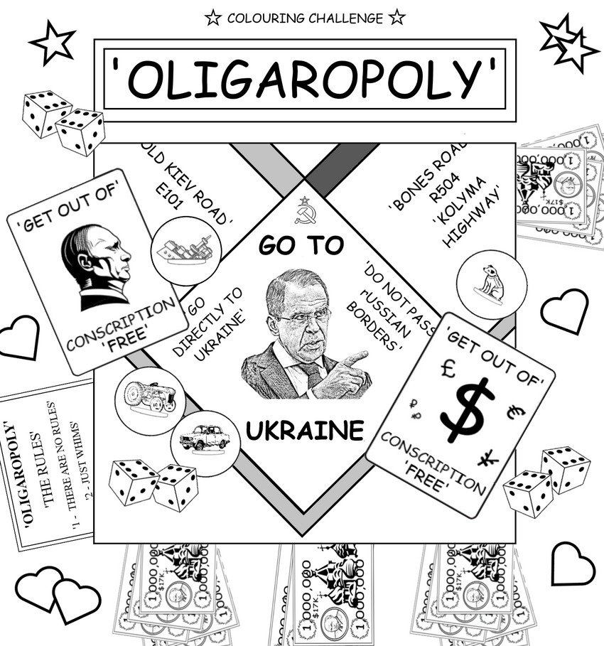 coloring book page equating Russia's government to a bad Monopoly game