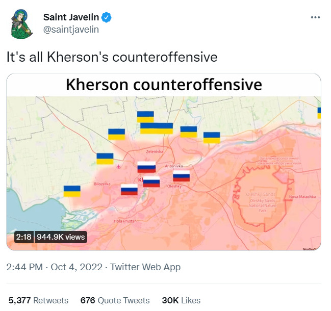 tweet from Saint Javelin showing map of Kherson and forces, saying 'It's all Kherson's counteroffensive'