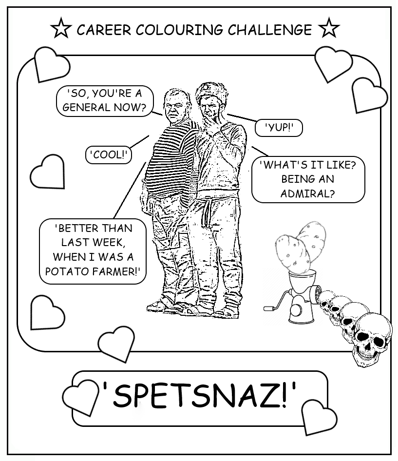 coloring book page about unhealthy, fat Russian conscripts