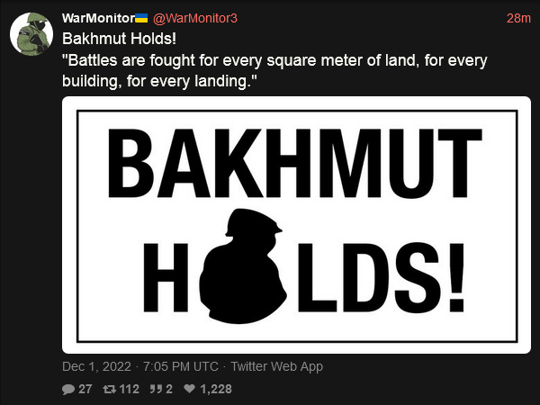 tweet saying that Bakhmut holds, battles are fought for every square meter of land, for every building, for every landing. tweet saying that Bakhmut holds, battles are fought for every square meter of land, for every building, for every landing.