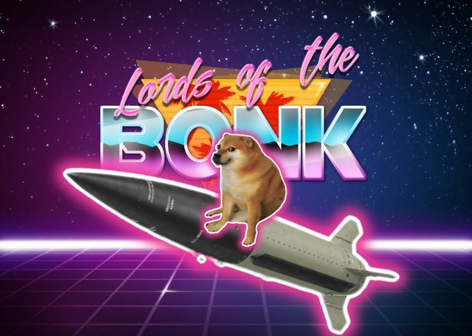 1980s album cover art with a fella on a missile, 'Lords of the BONK' in the background 1980s album cover art with a fella on a missile, 'Lords of the BONK' in the background