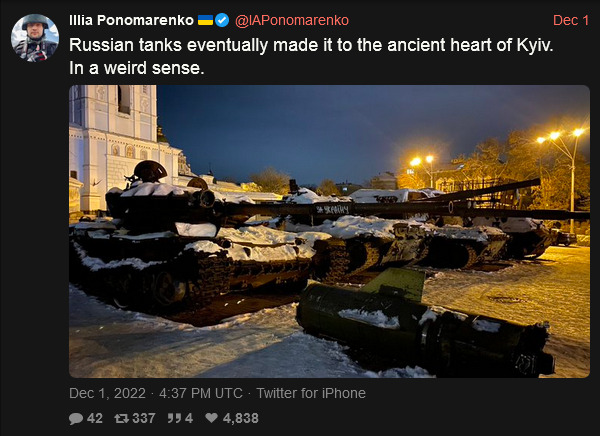 Russian tanks eventually made it to the ancient heart of Kyiv in a weird sense. (Badly damaged tanks taken as trophies.) Russian tanks eventually made it to the ancient heart of Kyiv in a weird sense. (Badly damaged tanks taken as trophies.)