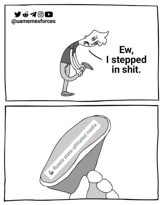 Guy says, 'Ew, I stepped in shit.' Bottom of his shoe has Russia state-affiliated media on it.