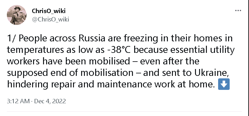 People across Russia are freezing in their homes in temperatures as low as -38 C because essential utility workers have been mobilized, even after the supposed end of mobilization, and sent to Ukraine, hindering repair and maintenance work at home.
