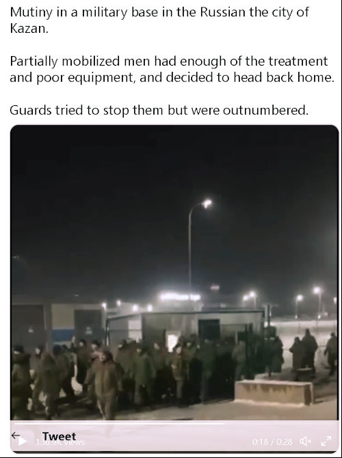 Mutiny in a military base in the Russian city of Kazan. Partially mobilized men had enough of the treatment and poor equipment and decided to head back home. Guards tried to stop them but were outnumbered.