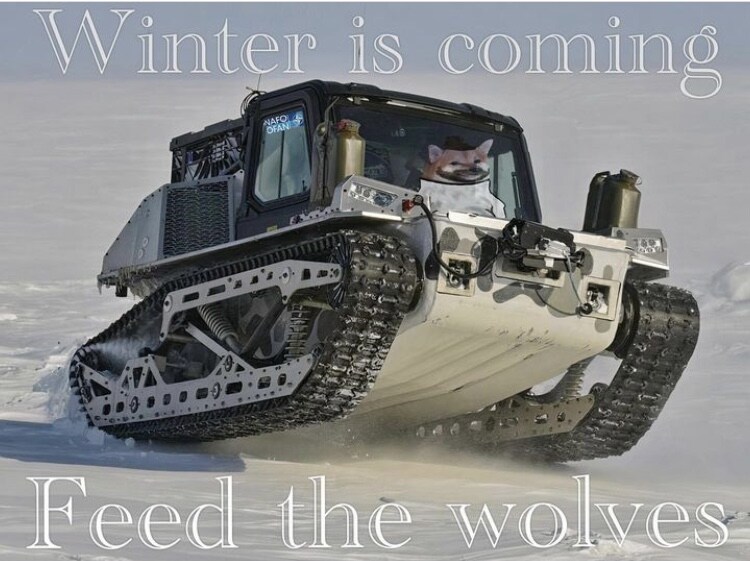 A fella drives a tracked snow vehicle, caption 'Winter is coming, feed the wolves.'
