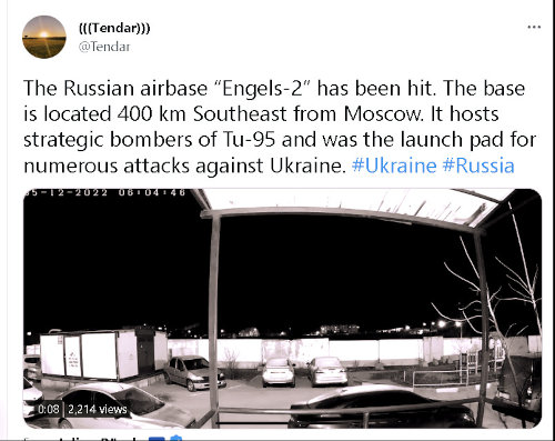 The Russian airbase Engels-2 has been hit. The base is located 400km southeast from Moscow. It hosts strategic bombers of Tu-95 and was the launch pad for numerous attacks against Ukraine.