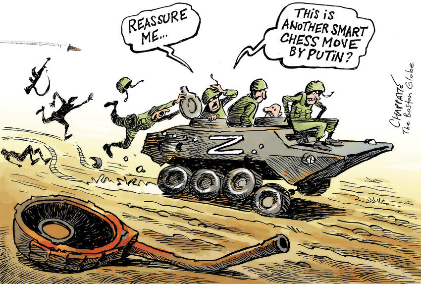 vatniks fleeing in a Z tank, one is saying, 'Reassure me... this is another smart chess move by Putin?' vatniks fleeing in a Z tank, one is saying, 'Reassure me... this is another smart chess move by Putin?'