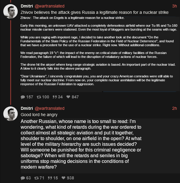 Zhivov believes the attack gives Russia a legitimate reason for a nuclear strike.  Sure, Jan. Another Russian wonders when the retards and seniles in big uniforms stop making decisions in the conditions of modern warfare. Zhivov believes the attack gives Russia a legitimate reason for a nuclear strike.  Sure, Jan. Another Russian wonders when the retards and seniles in big uniforms stop making decisions in the conditions of modern warfare.