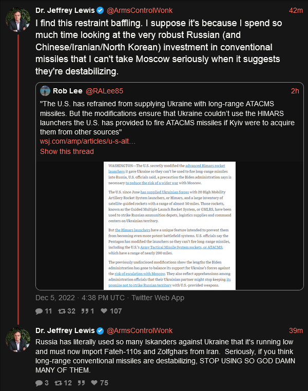 Jeffery Lewis: Russia says long-range missiles are destabilizing, but Russia has used so many Iskander missiles against Ukraine that they're running out of them. Jeffery Lewis: Russia says long-range missiles are destabilizing, but Russia has used so many Iskander missiles against Ukraine that they're running out of them.