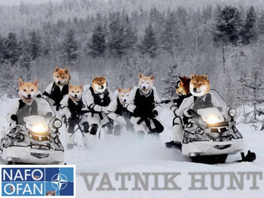 many fellas on snowmobiles with 'Vatnik Hunt' caption many fellas on snowmobiles with 'Vatnik Hunt' caption
