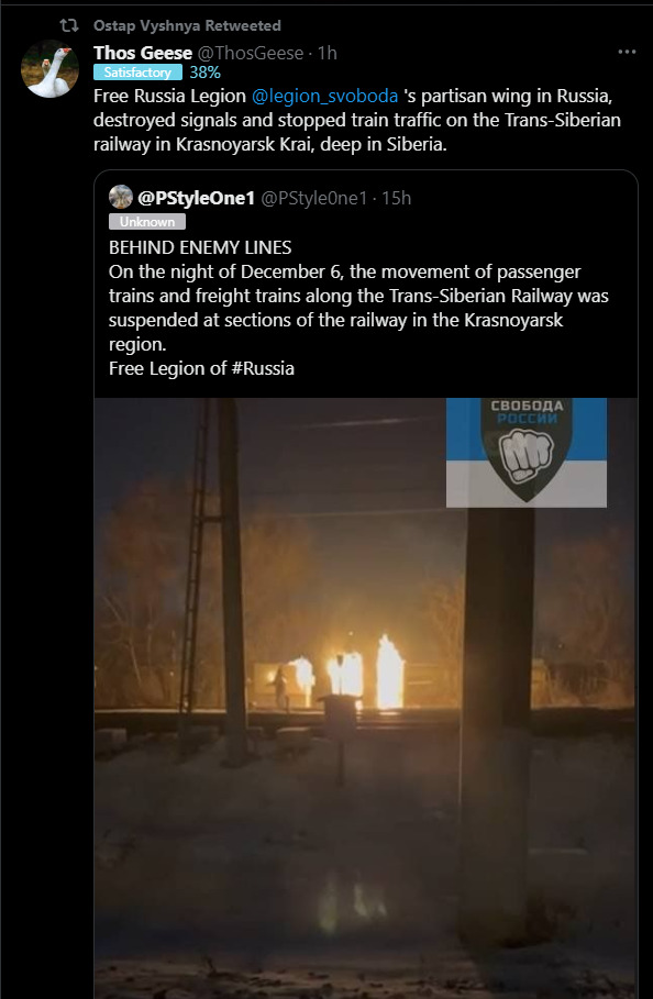 Free Russia Legion's partisan wing in Russia destroyed signals and stopped train traffic on the Trans-Siberian railway in Krasnoyarsk Krai, deep in Siberia. Free Russia Legion's partisan wing in Russia destroyed signals and stopped train traffic on the Trans-Siberian railway in Krasnoyarsk Krai, deep in Siberia.