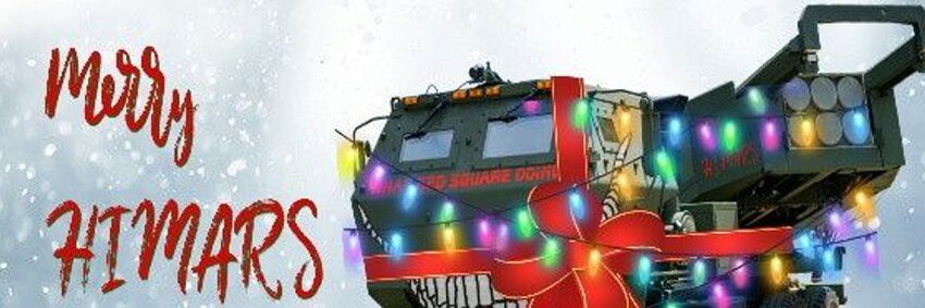 HIMARS decorated with Christmas lights and smiling nose art, 'Merry HIMARS' HIMARS decorated with Christmas lights and smiling nose art, 'Merry HIMARS'