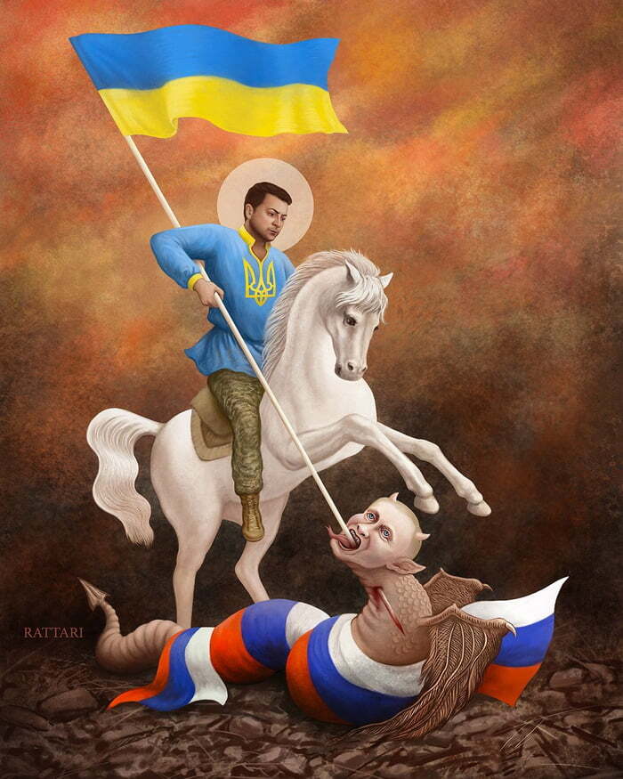 Zelenskyy as St. George slays a dragon that looks an awful lot like Putin. Zelenskyy as St. George slays a dragon that looks an awful lot like Putin.