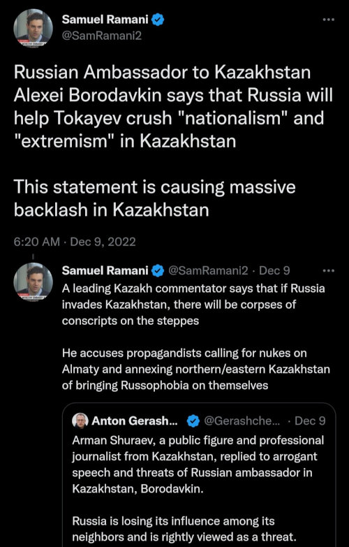 condensed tweet about backlash towards Russian statements about Kazakhstan, and Arman Shuraev saying that Russia is losing its influence among its neighbors and is rightly viewed as a threat. condensed tweet about backlash towards Russian statements about Kazakhstan, and Arman Shuraev saying that Russia is losing its influence among its neighbors and is rightly viewed as a threat.