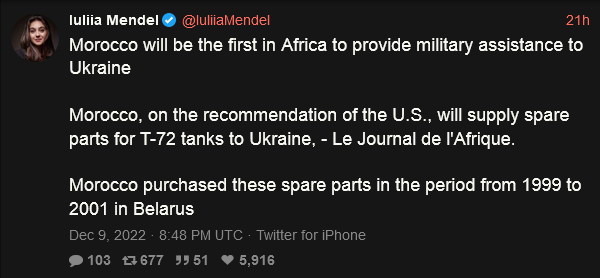 Morocco providing replacement parts for T-72 tanks for Ukraine. Morocco providing replacement parts for T-72 tanks for Ukraine.