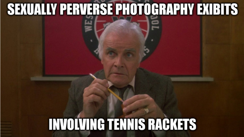 guy in front of a school emblem, caption 'Sexually perverse photography exhibits involving tennis rackets' guy in front of a school emblem, caption 'Sexually perverse photography exhibits involving tennis rackets'