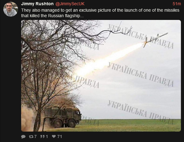 they also managed to get an exclusive picture of the launch of one of the missiles that killed the Russian flagship. they also managed to get an exclusive picture of the launch of one of the missiles that killed the Russian flagship.