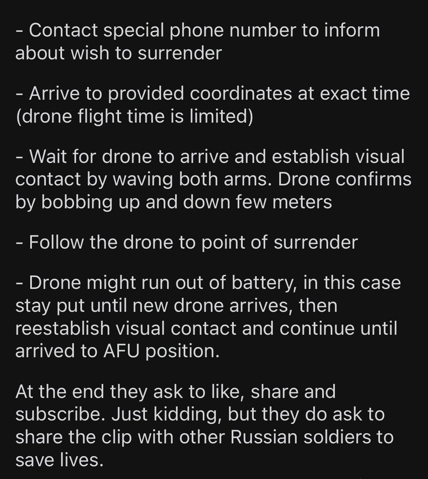Instructions to Russians on how to surrender to a Ukraine drone, in the form of a tweet. Instructions to Russians on how to surrender to a Ukraine drone, in the form of a tweet.