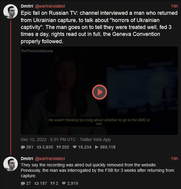 Russian channel interviewed a man to talk about 'horrors of Ukrainian captivity.' He said they were treated well, rights read, Geneva Convention followed. Russian channel interviewed a man to talk about 'horrors of Ukrainian captivity.' He said they were treated well, rights read, Geneva Convention followed.