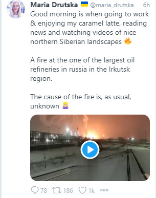 tweet about fire at large oil refinery in Irkutsk tweet about fire at large oil refinery in Irkutsk