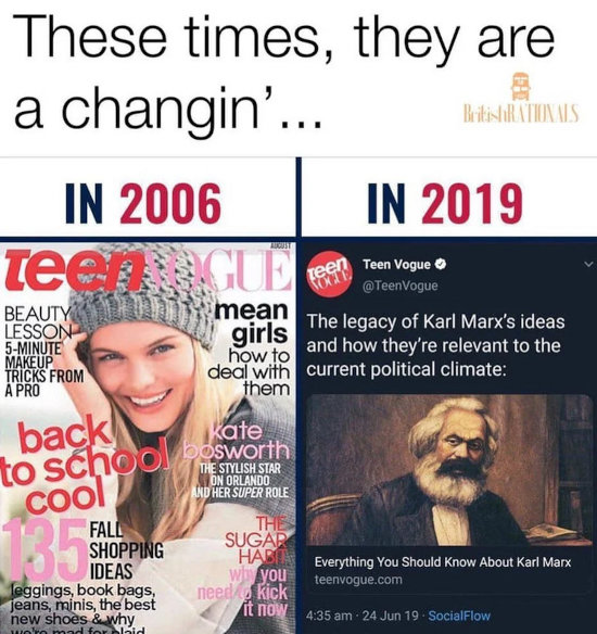 Teen Vogue 2006: beauty tips, mean girls, celebrity gossip. Teen Vogue 2019: The legacy of Karl Marx's ideas and how they're relevant to the current political climate. Teen Vogue 2006: beauty tips, mean girls, celebrity gossip. Teen Vogue 2019: The legacy of Karl Marx's ideas and how they're relevant to the current political climate.
