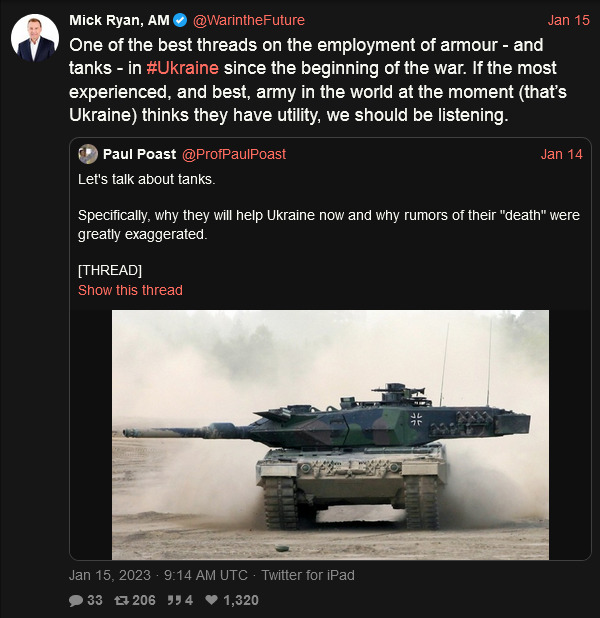 Mick Ryan explains why tanks are useful.