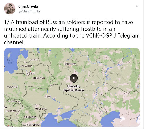 A trainload of Russian soldiers is reported to have mutinied after nearly suffering frostbite in an unheated train.